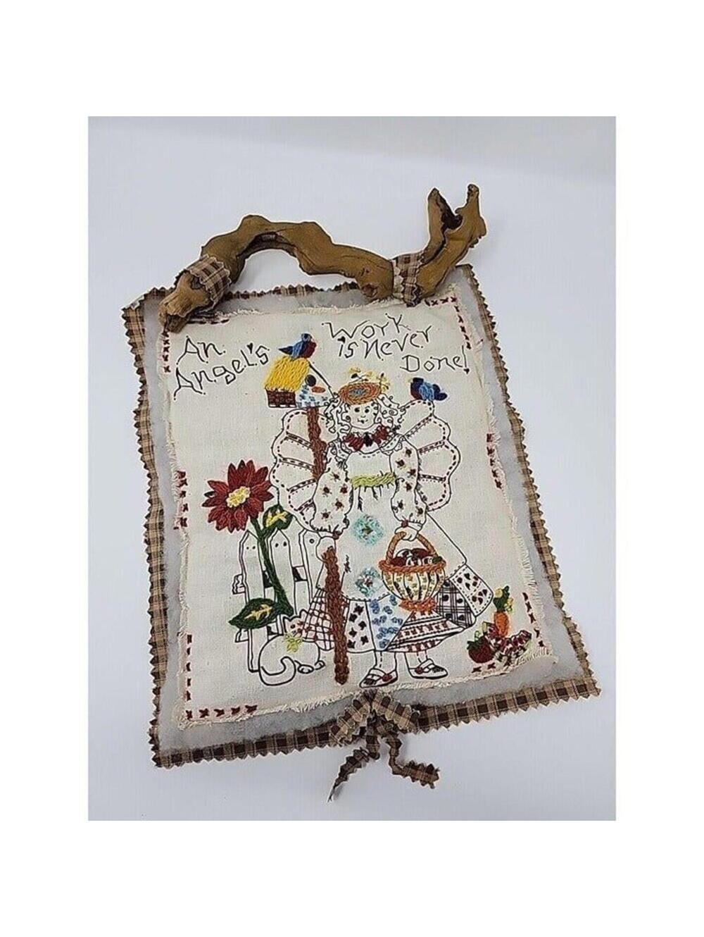 Handmade Wall Hanging An Angels Work Is Never Done Wood Hanger Homespun Country